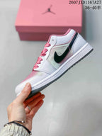 Side profile showing the low-cut silhouette, black Swoosh, white panels, and pink accents.