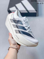 Angled side view showing the Adizero Prime X Evo text, layered stripe graphics, and thick white midsole.