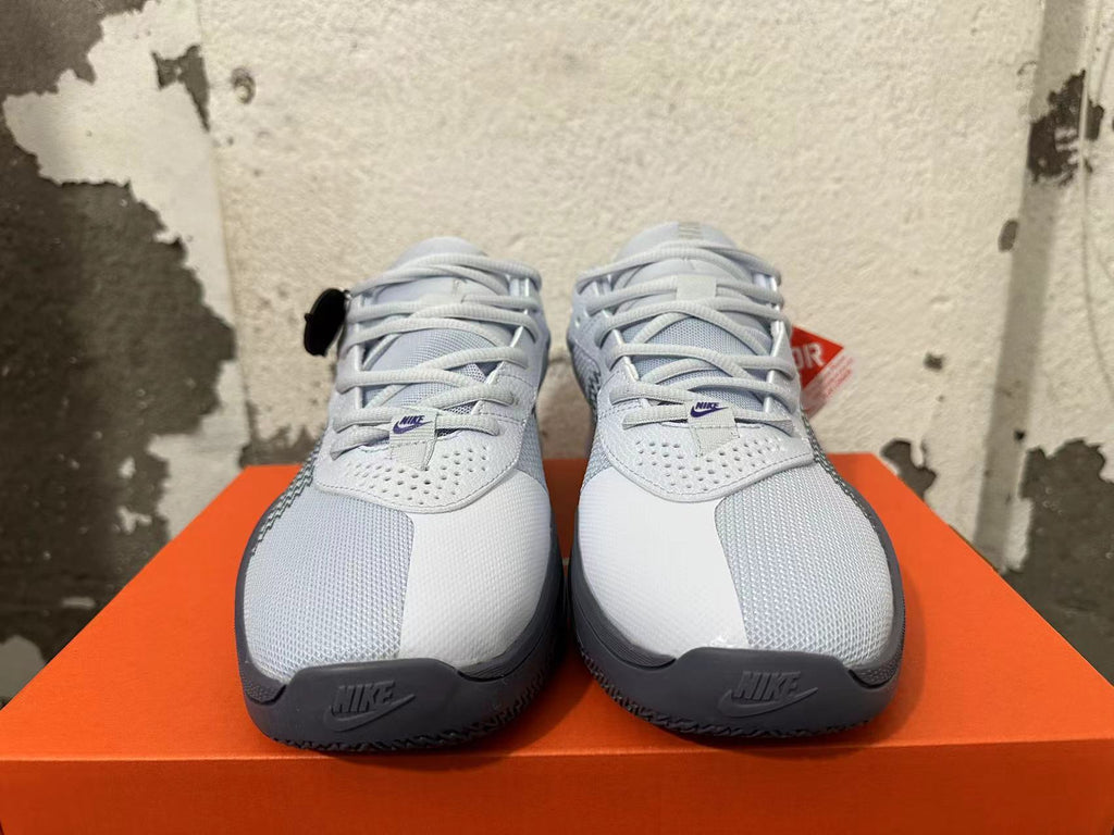 Front view of light gray Nike Ja 1 shoes with lace-up fronts and dark gray outsoles