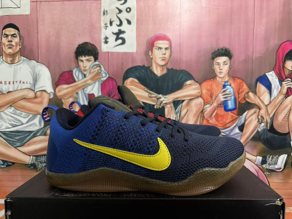 Side view showing the navy knit-style upper, yellow Swoosh and translucent brown-toned outsole.