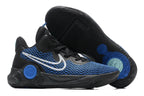 Black and blue basketball shoe with white Swoosh, blue heel detail, and black patterned outsole.