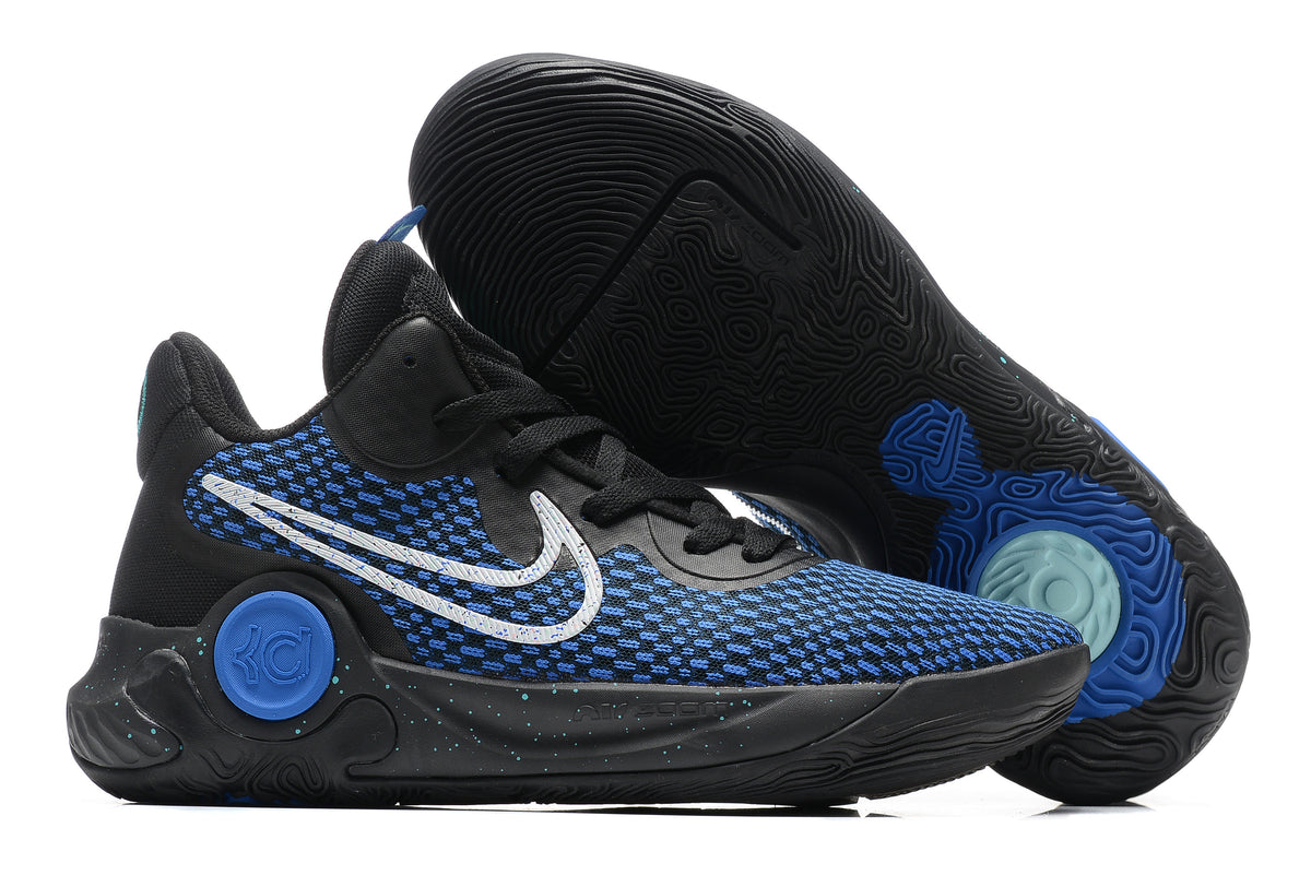 Black and blue basketball shoe with white Swoosh, blue heel detail, and black patterned outsole.