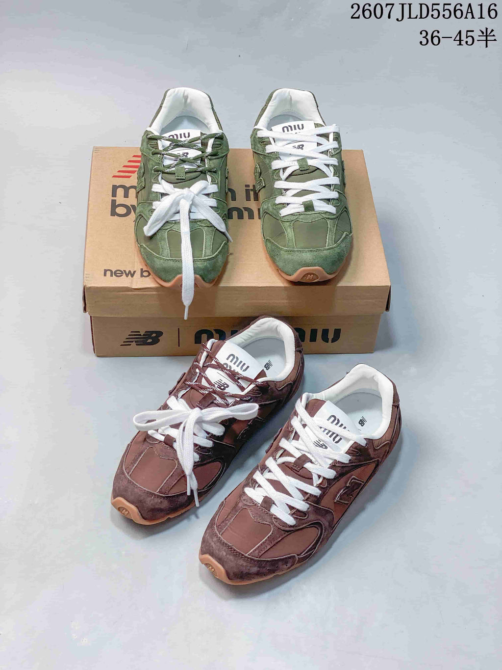 Front view of green and brown pairs displayed together, with white and tonal laces and visible Miu Miu and New Balance branding.