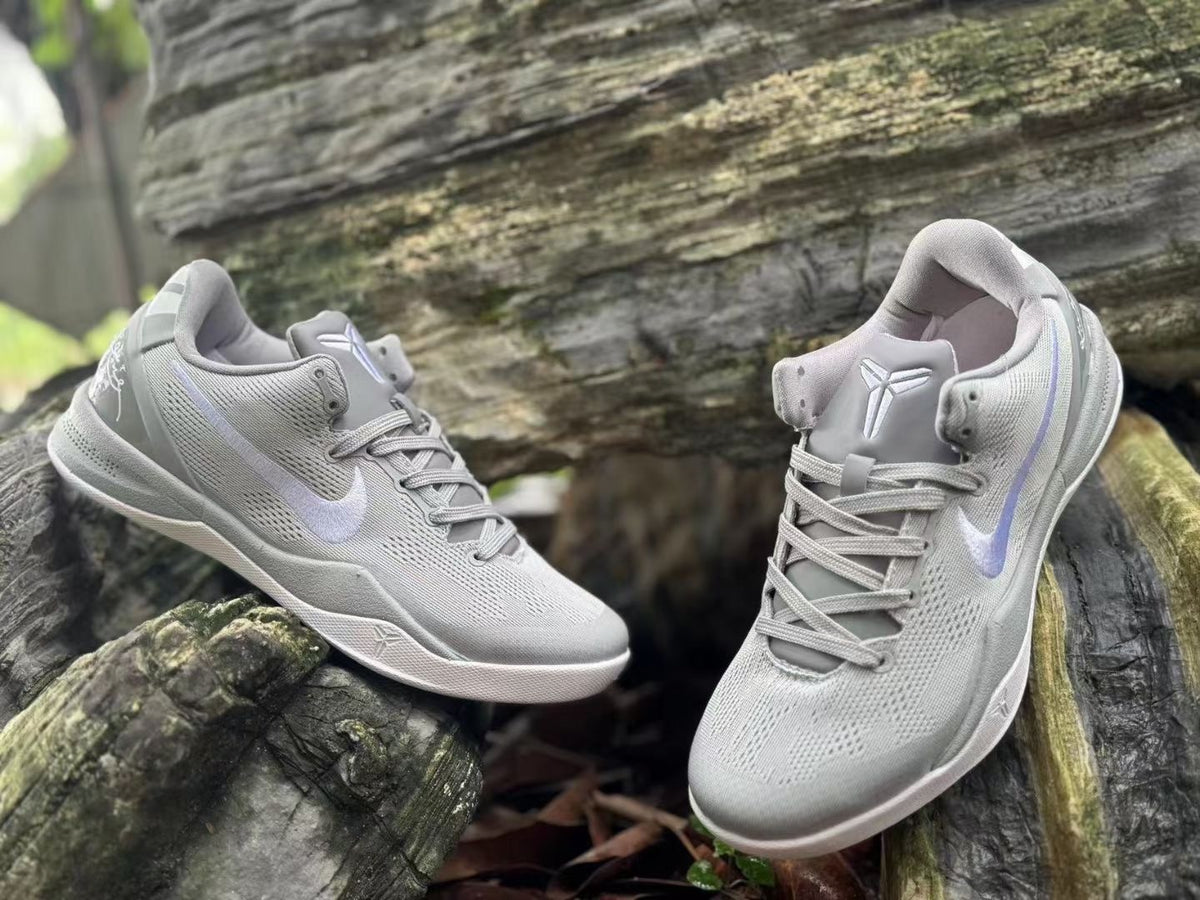 Front and side angles of Wolf Grey Nike Kobe 8 basketball shoes