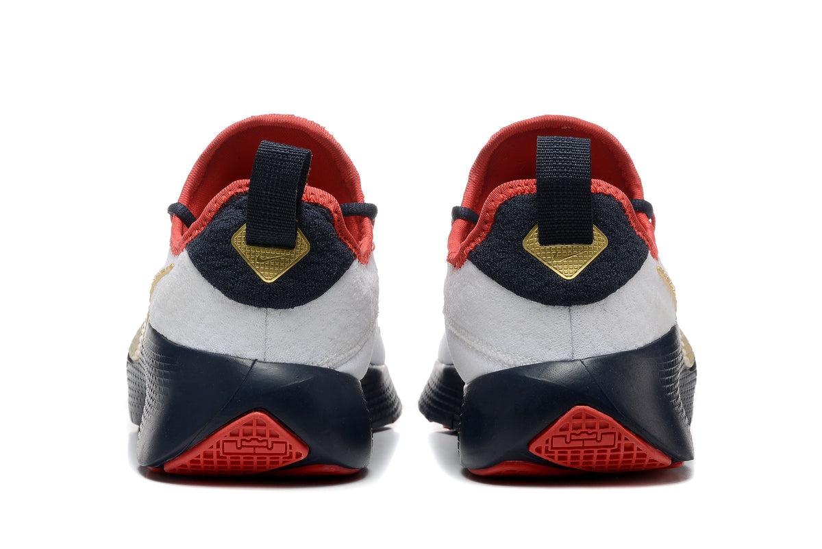 Rear view of white, navy, red, and gold LeBron TR1 shoes