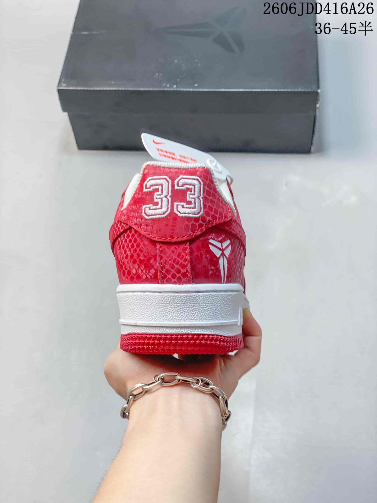 Heel view showing a number 33 detail on a red patterned sneaker