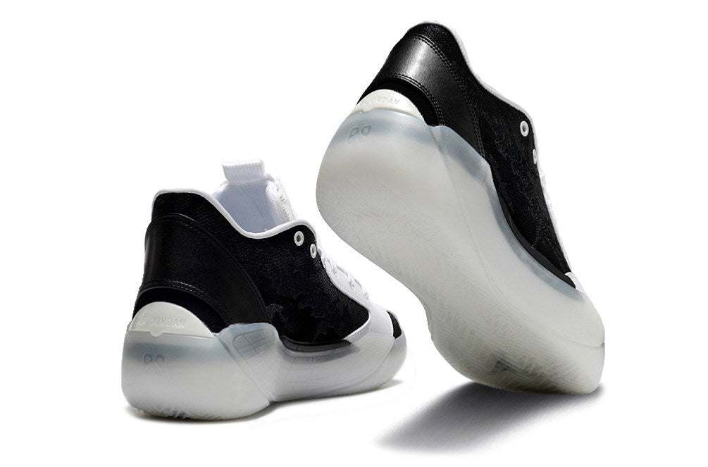 Black and white Jordan Luka 39 shoes shown from the heel and outsole