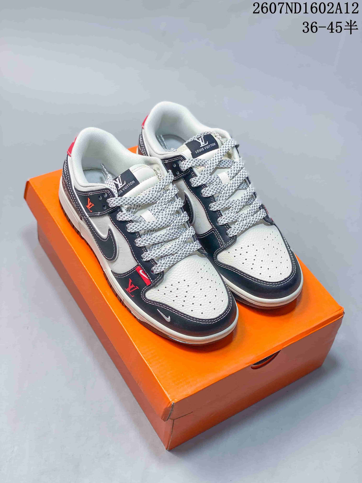 Pair of black, white and red low-top sneakers displayed on an orange shoe box; overlaid text shows code 2607ND1602A12 and size range 36–45.