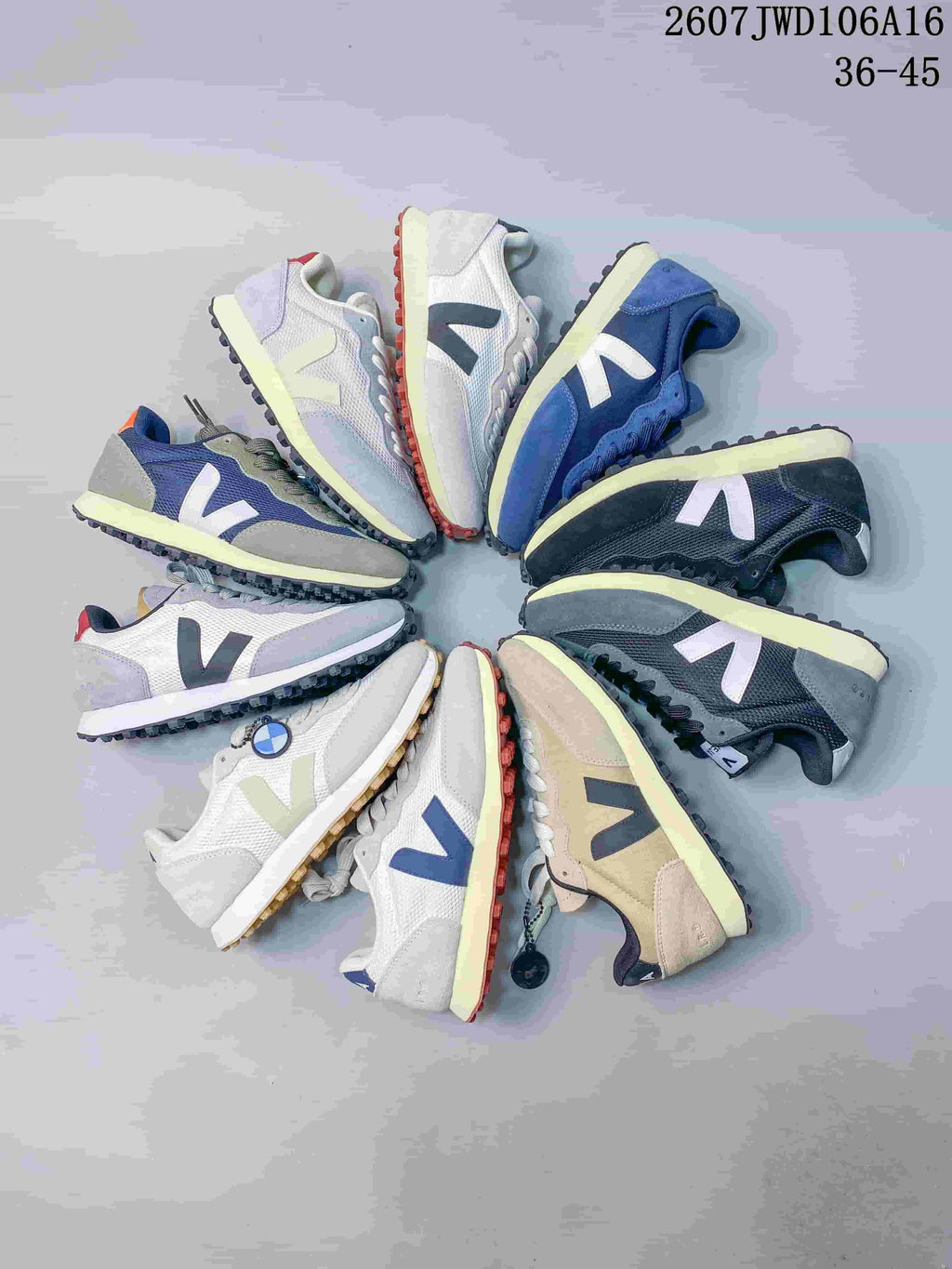 Group image showing multiple VEJA Rio Branco sneakers in blue, gray, white, black and neutral color combinations.