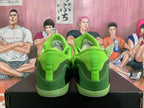 Rear view of bright green basketball shoes with dark green heel counters