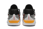 Rear view showing the patterned heel panels and orange heel accents