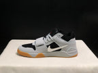 Full lateral view of one sneaker showing the side Swoosh, layered white panels, and gum-colored outsole.