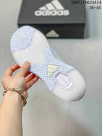 Underside view of a white training shoe showing its textured outsole pattern and central adidas detail.