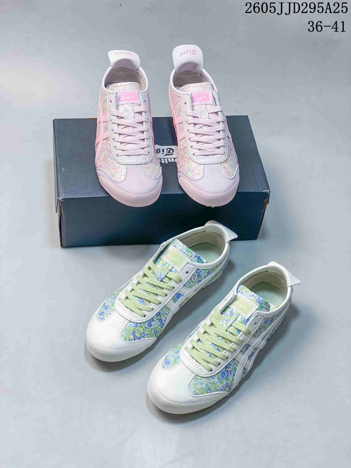 Pink and green floral Onitsuka Tiger sneaker pairs shown together from above; image text shows JD295A25 and sizes 36–41.