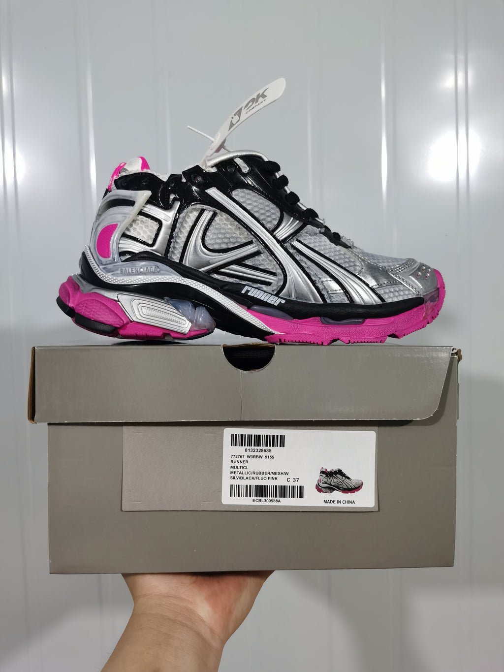 Balenciaga Runner sneaker displayed on its box, with the box label showing style code 9155 and a size marking of C 37.