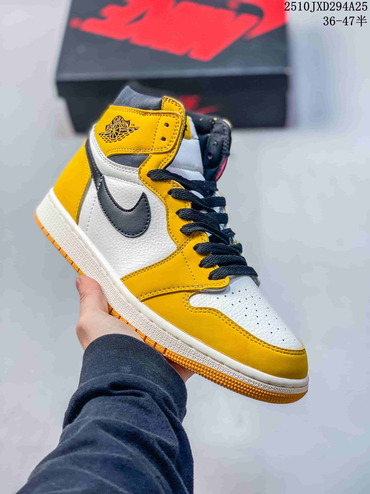 Yellow, white, and black Air Jordan 1 Retro High OG high-top sneaker