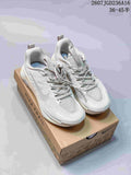 Pair of light white and gray Nike trail running shoes displayed on a branded shoe box; image text shows style code 2607JGD236A16 and size range 36–45 with half sizes.