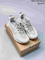 Pair of light white and gray Nike trail running shoes displayed on a branded shoe box; image text shows style code 2607JGD236A16 and size range 36–45 with half sizes.