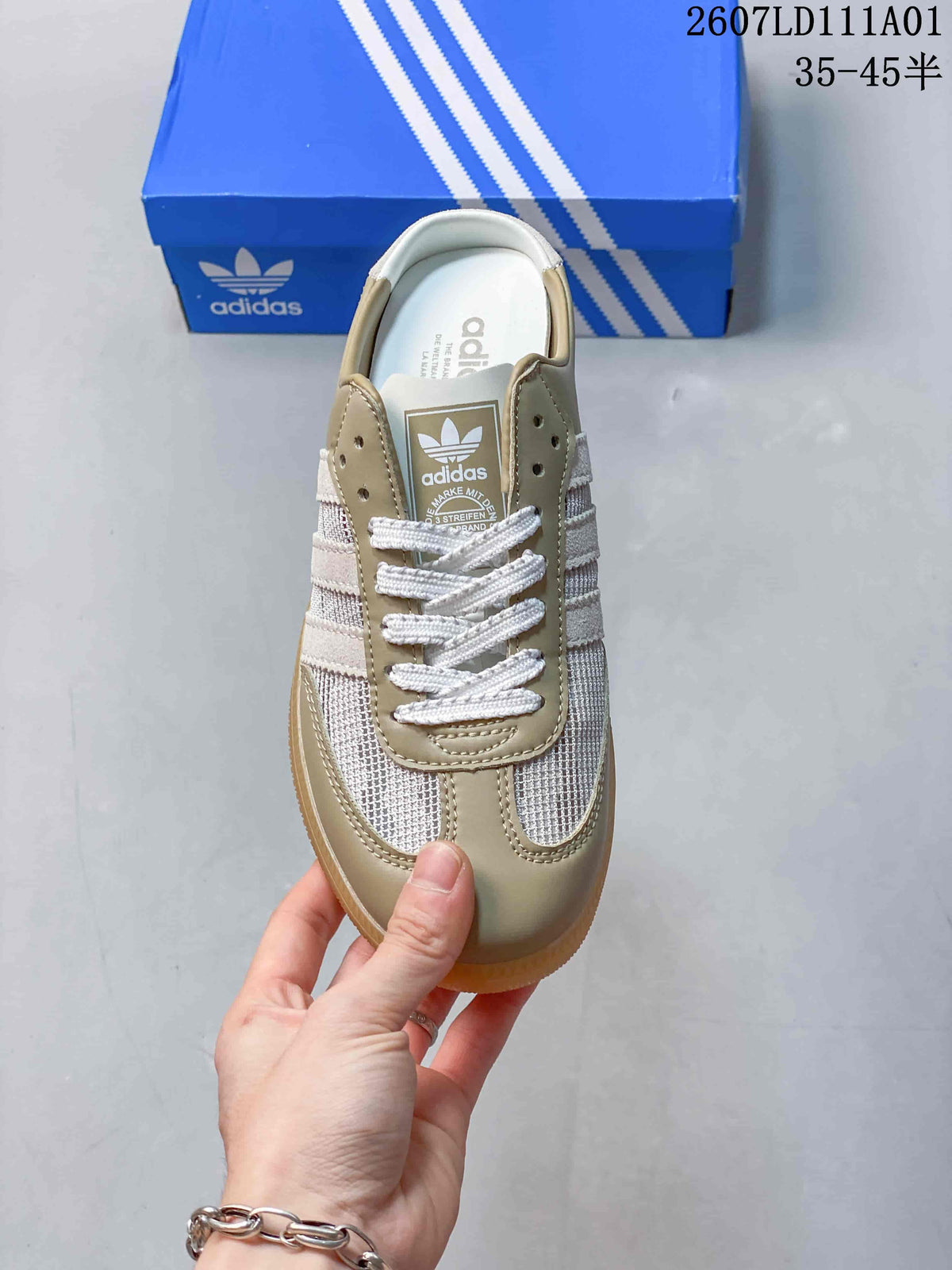 Top view of a lace-up sneaker with taupe overlays and cream-toned panels