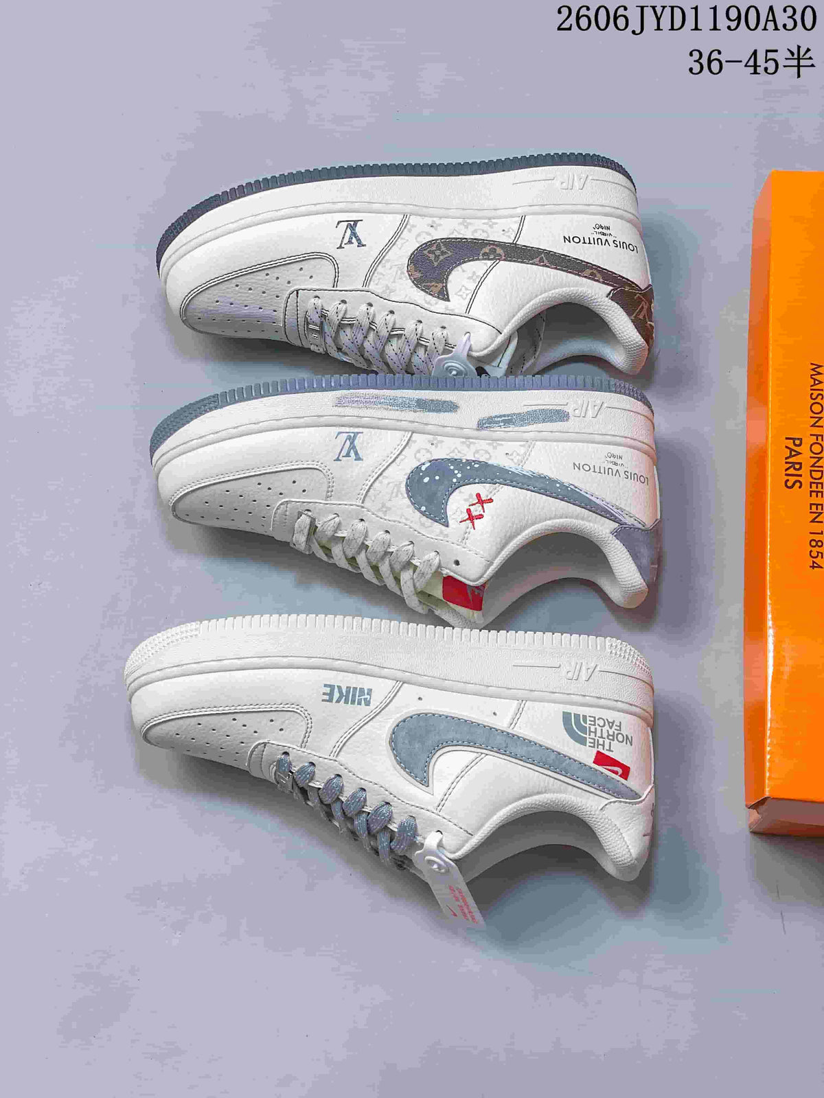 Three cream low-top sneaker variations shown from the side with different graphic treatments.