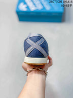 Rear view showing the stitched blue heel panels and off-white heel edge.