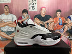 Side profile showing the white upper, glossy black toe panel, red outsole edge, and visible heel window.