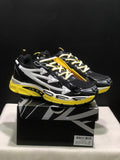 Pair of black, white, and yellow Off-White Be Right Back sneakers displayed on a branded box.