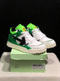 Pair of white, green, and black Off-White sneakers displayed on a green shoe box; the box label shows size 40 and identifies the Out Of Office Olive Green model.