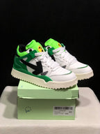 Pair of white, green, and black Off-White sneakers displayed on a green shoe box; the box label shows size 40 and identifies the Out Of Office Olive Green model.