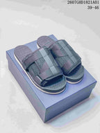 Pair of grey woven-pattern strap sandals viewed from above; image shows size range 39–46.