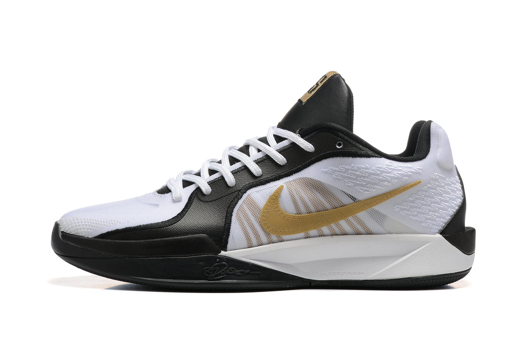 Side profile showing a gold Swoosh and white-and-black upper