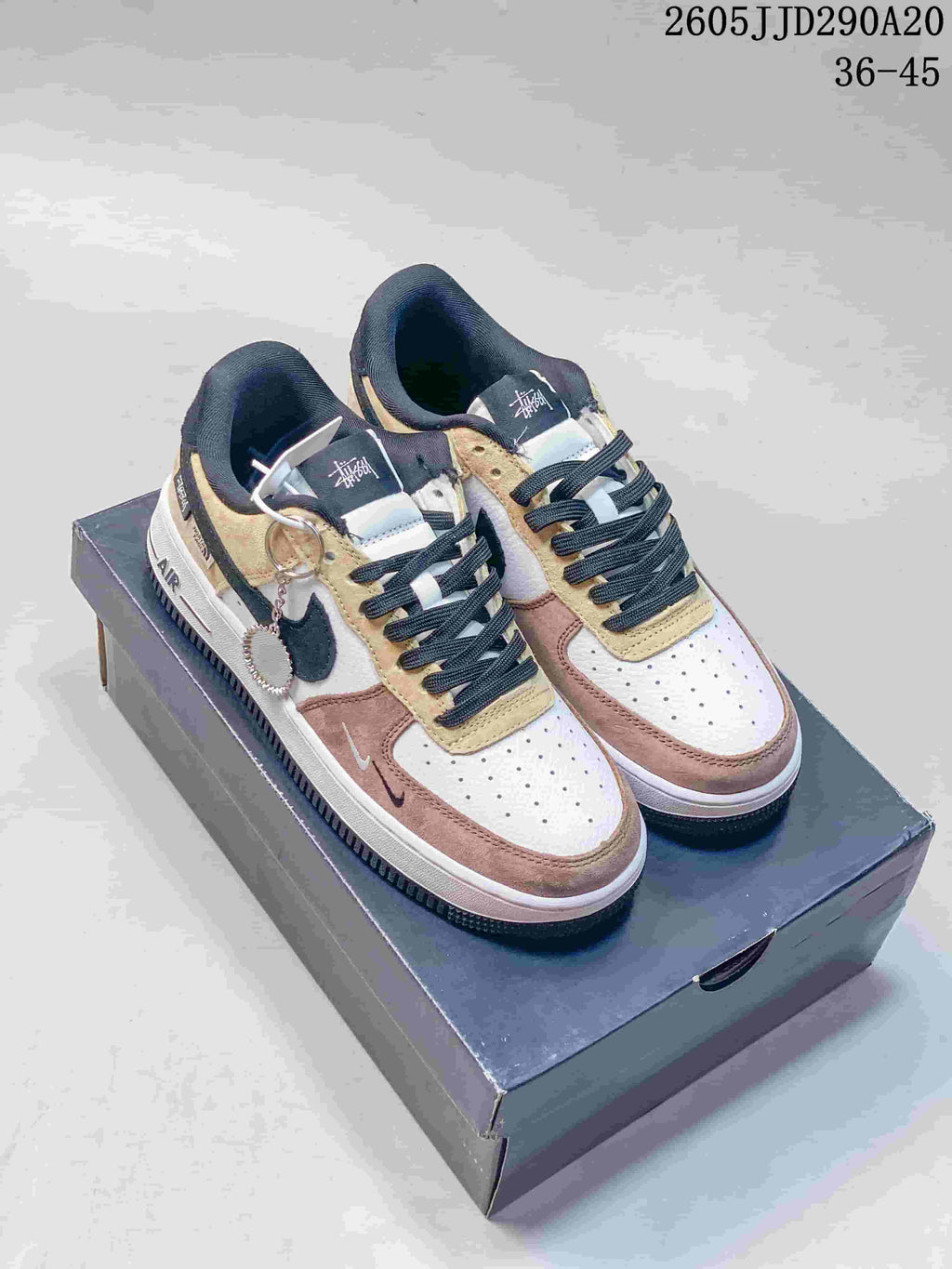 Pair of beige, pink, white, and black Nike Air Force 1 Shadow sneakers displayed on a shoebox; size range 36–45 and code 2605 JJD290A20 are overlaid.
