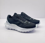 Three-quarter front view of the black and white Alo runner sneakers.