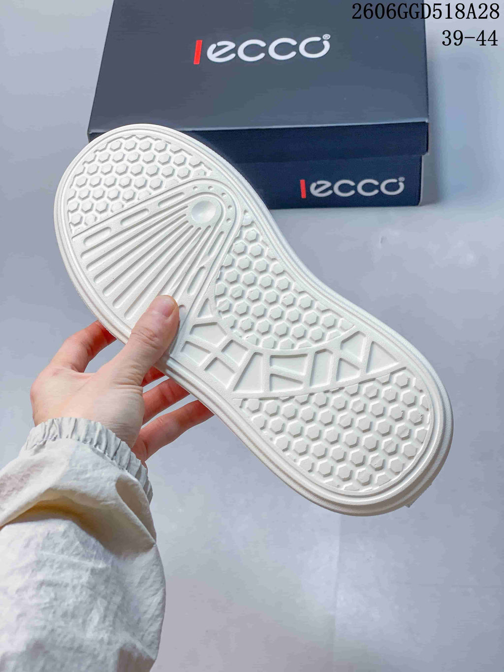 Close-up of the white sneaker outsole and its patterned tread