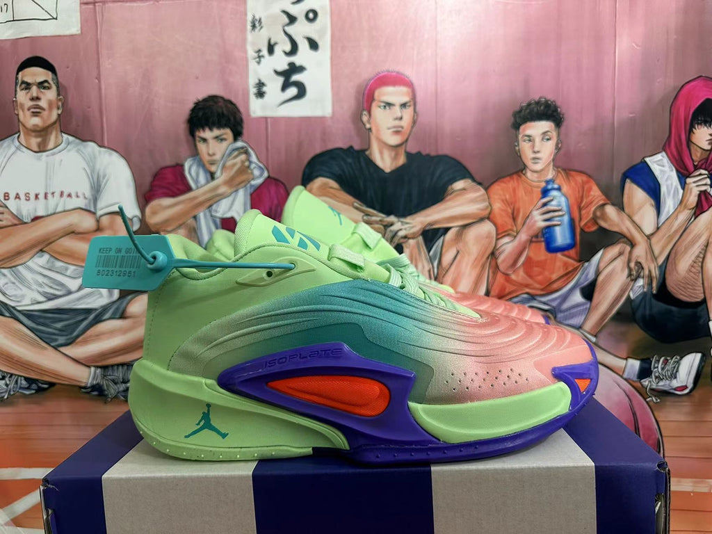 Side view showing green, teal, pink and purple panels on a Jordan basketball shoe
