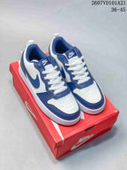 Blue and white Nike Court Borough Mid BG sneakers displayed on a red shoebox, with the visible code 2607VD101A21 and size range 36–45.