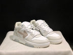 Front three-quarter view of the white sneaker pair with perforated toe boxes, laces, and contrasting side graphics.
