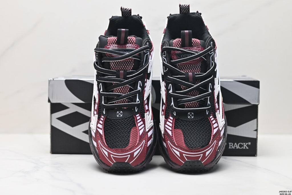Front view of the pair showing the black mesh toe boxes, burgundy overlays, lace-up fronts, and white graphic accents.