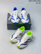 Two white Adidas Adizero shoe colorways shown together, one with blue accents and one with neon yellow-green accents; image displays the size range 36–45.