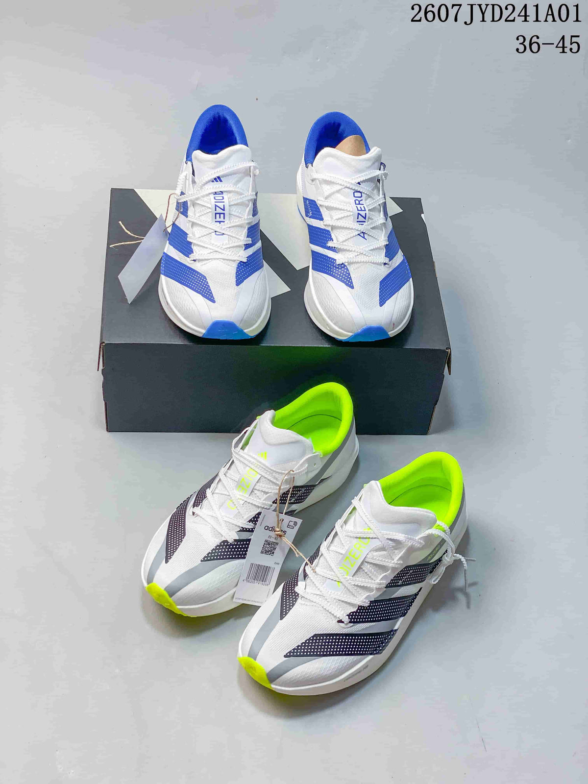 Two white Adidas Adizero shoe colorways shown together, one with blue accents and one with neon yellow-green accents; image displays the size range 36–45.