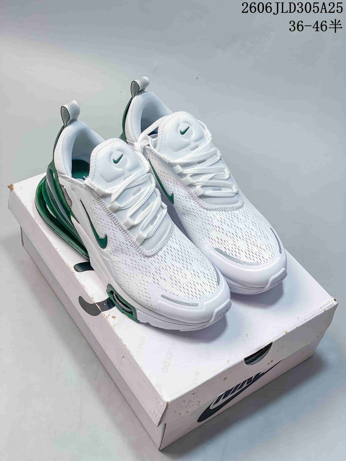White and green Nike Air Max 270 Premium sneakers on a shoe box