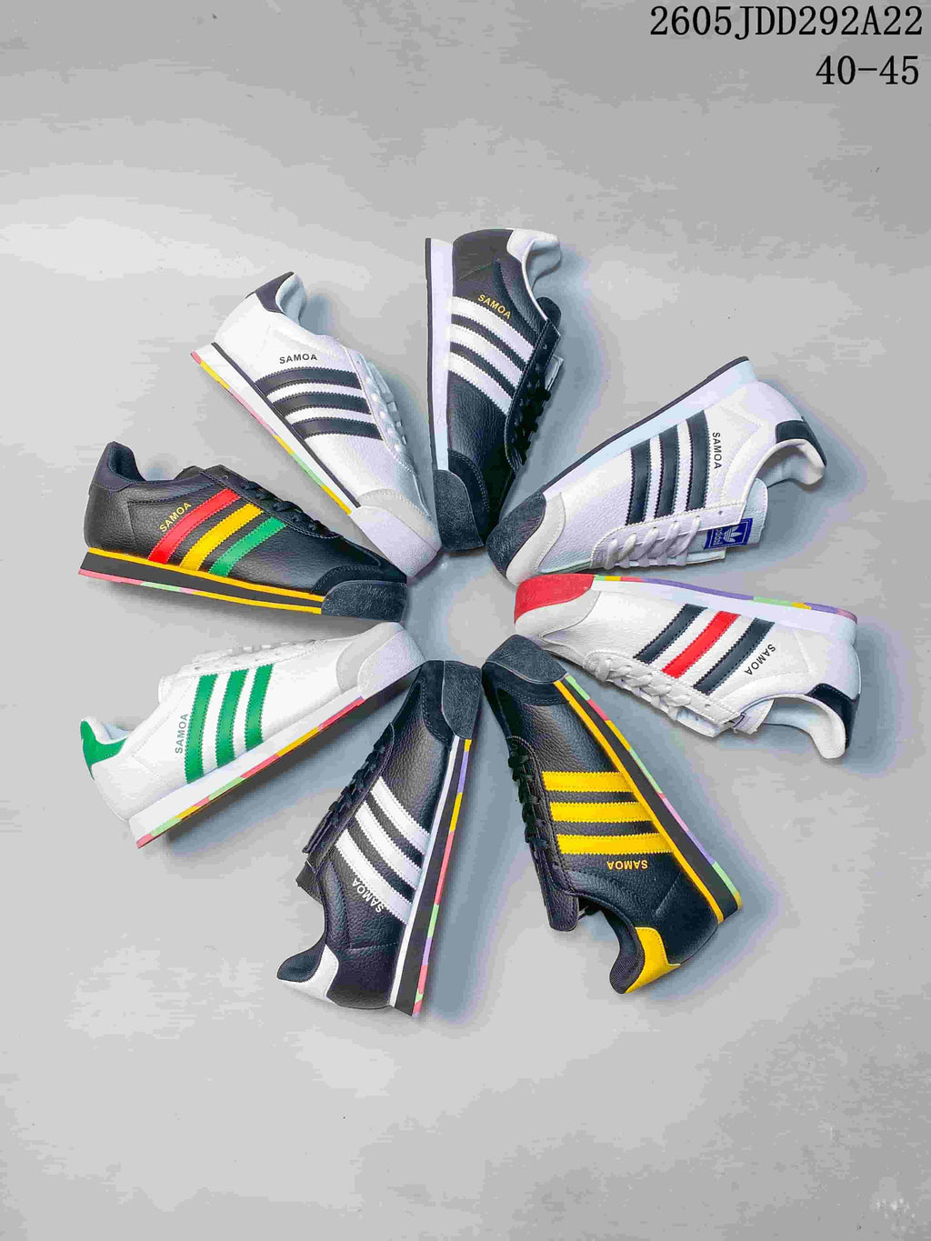 Flat lay showing several Adidas Samoa sneakers in white and dark colorways arranged around a central space.