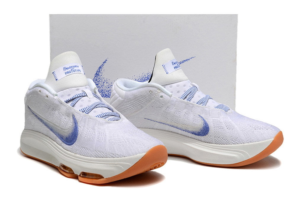 Pair of white and blue Nike GT Hustle 3 shoes shown from the front and side.