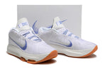 Pair of white and blue Nike GT Hustle 3 shoes shown from the front and side.