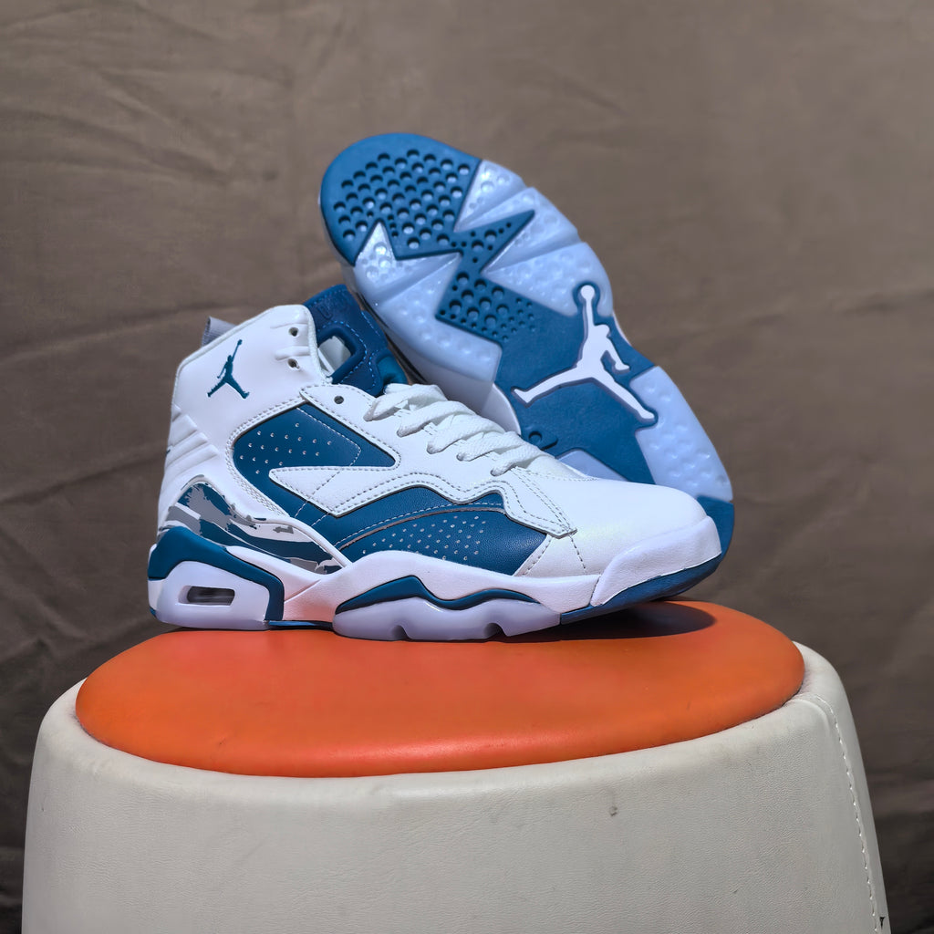 Pair of white and blue high-top sneakers with one outsole facing forward