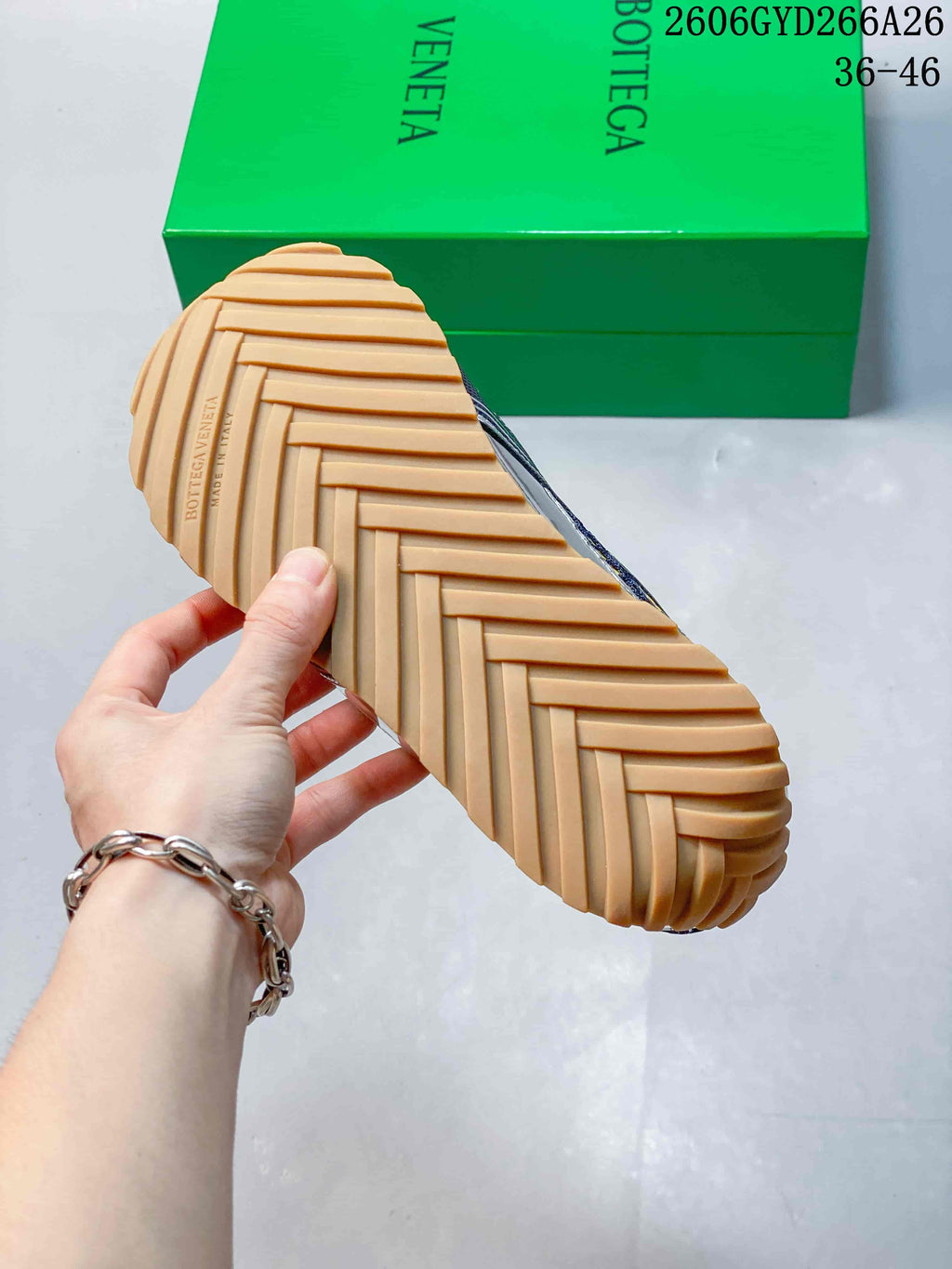 Close-up of the sneaker’s tan treaded outsole