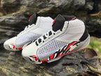 Close angled view of both shoes highlighting the lattice-patterned side panels and contrast graphics.