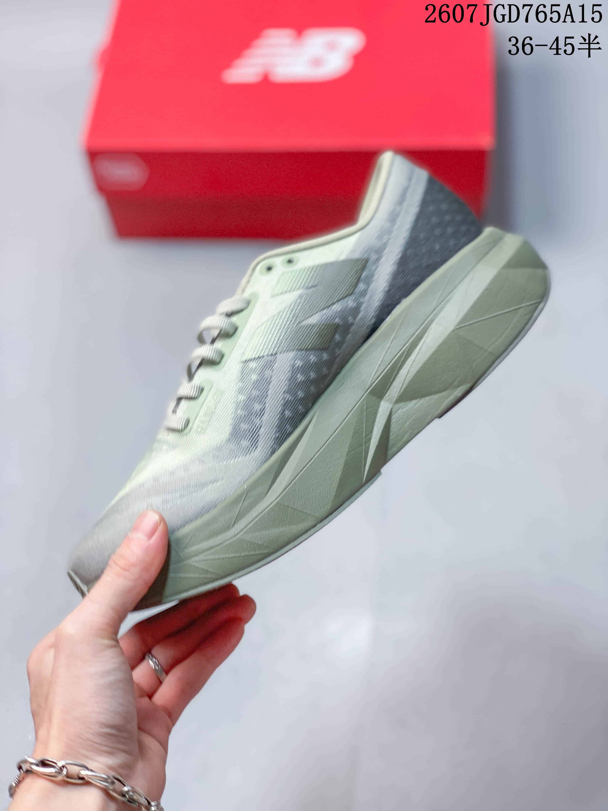 Side profile of the low-top running shoe showing layered panels, lace eyelets, and an angular midsole.