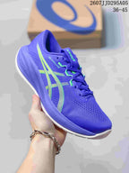 Side view of the purple ASICS sneaker showing the lime stripe design and FF BLAST MAX midsole marking.