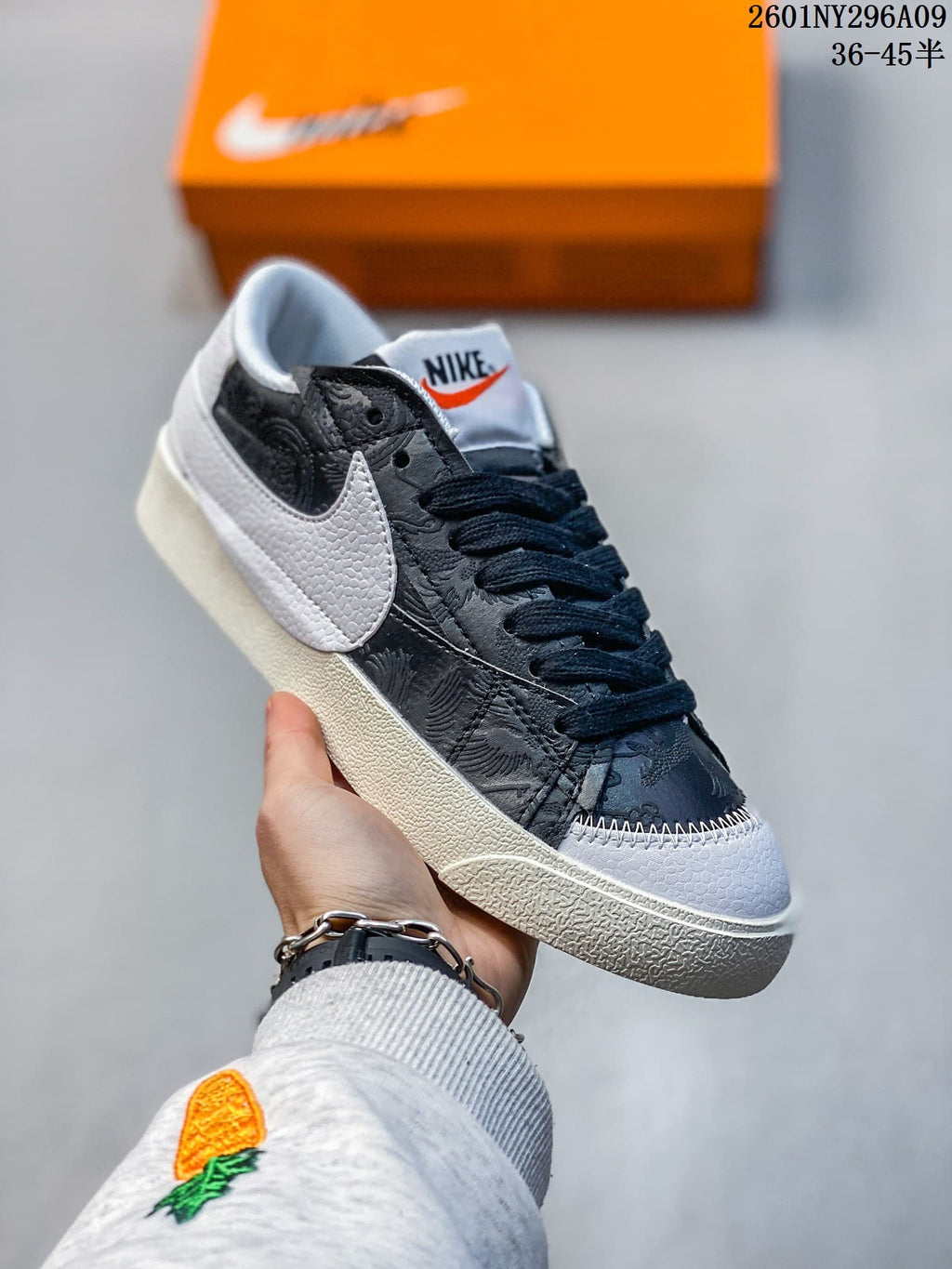 Black and white Nike Blazer Low ’77 Jumbo sneaker with patterned panels